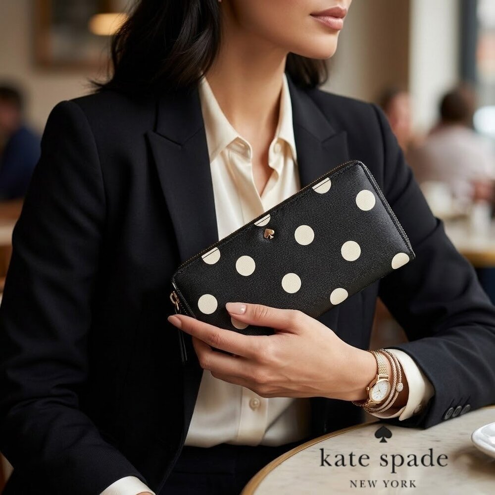 Kate Spade New York Women’s Distressed Look Polka Dots Black and White Wallet